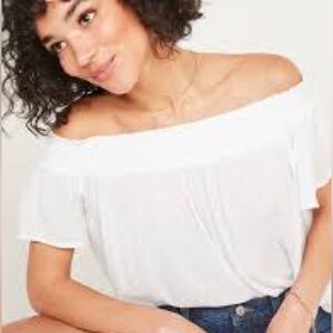 OLD NAVY Smocked Off-the-Shoulder Crepe Clip-Dot Top White Lilies Medium NWT